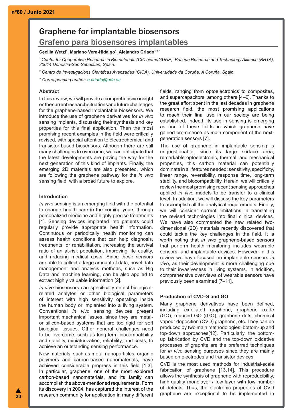 Graphene for Implantable Biosensors Grafeno Para Biosensores