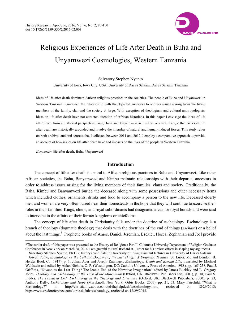 Religious Experiences of Life After Death in Buha and Unyamwezi Cosmologies, Western Tanzania