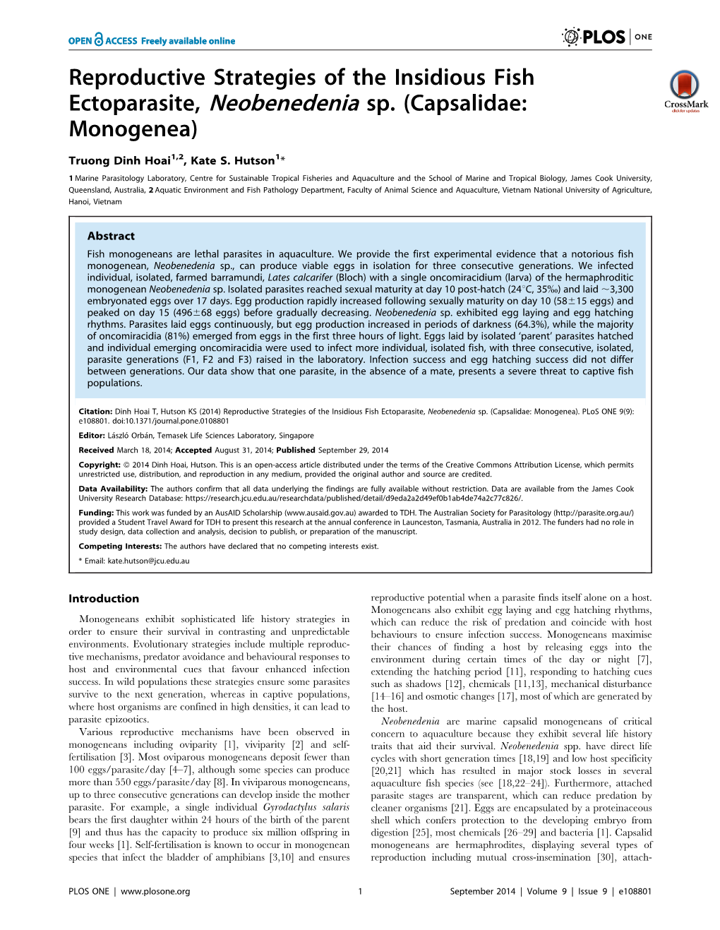 Reproductive Strategies of the Insidious Fish Ectoparasite, Neobenedenia Sp