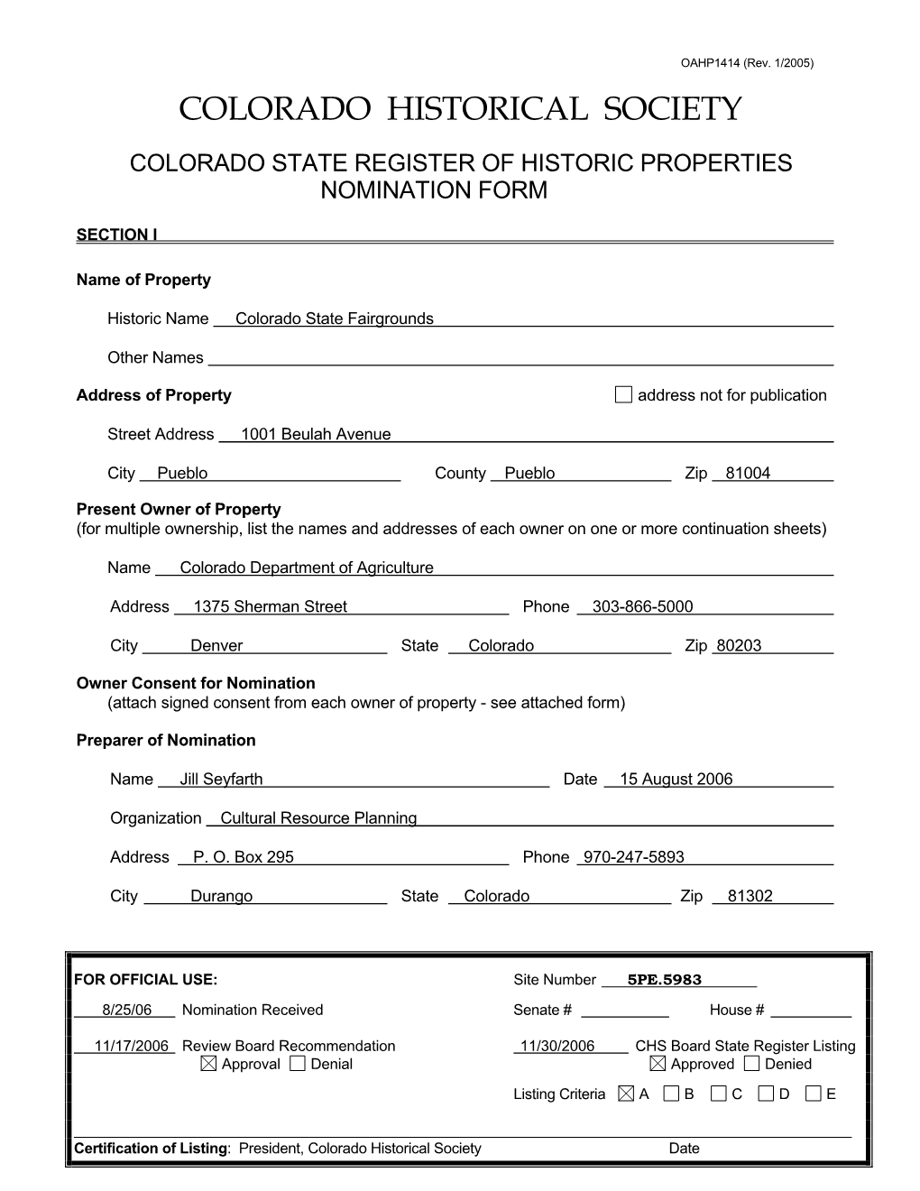 Colorado State Fairgrounds State Register