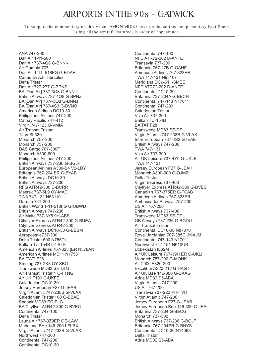 Fact Sheet Listing All the Aircraft Featured, in Order of Appearance