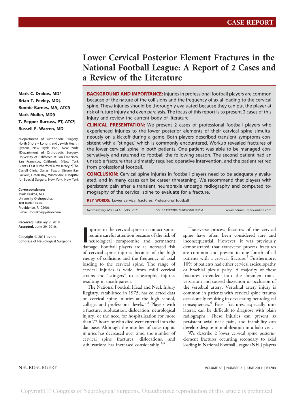 Lower Cervical Posterior Element Fractures in the National Football League: a Report of 2 Cases and a Review of the Literature