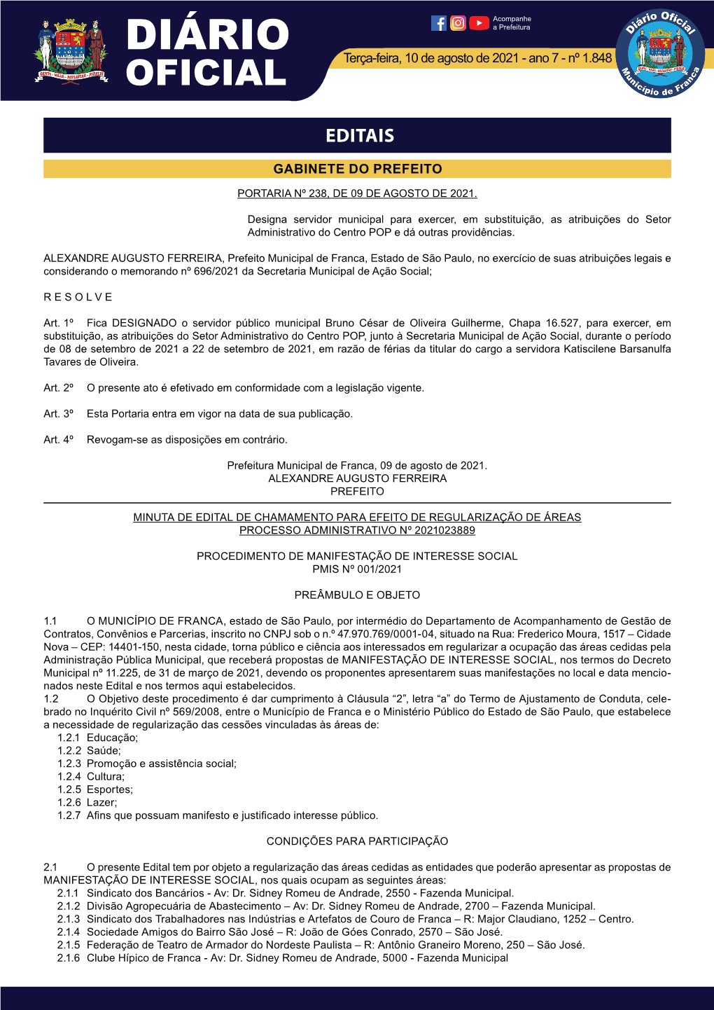 DIÁRIO Terça-Feira, 10 De Agosto De 2021 - Ano 7 - Nº 1.848 OFICIAL