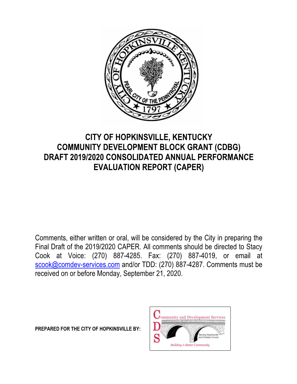 City of Hopkinsville, Kentucky Community Development Block Grant (Cdbg) Draft 2019/2020 Consolidated Annual Performance Evaluation Report (Caper)