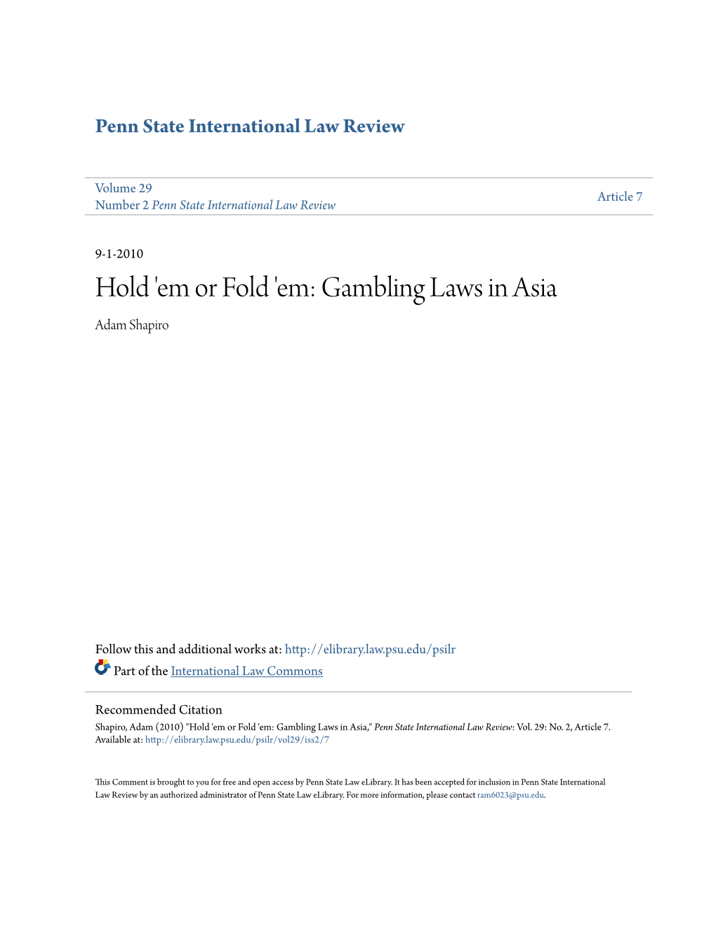 Gambling Laws in Asia Adam Shapiro