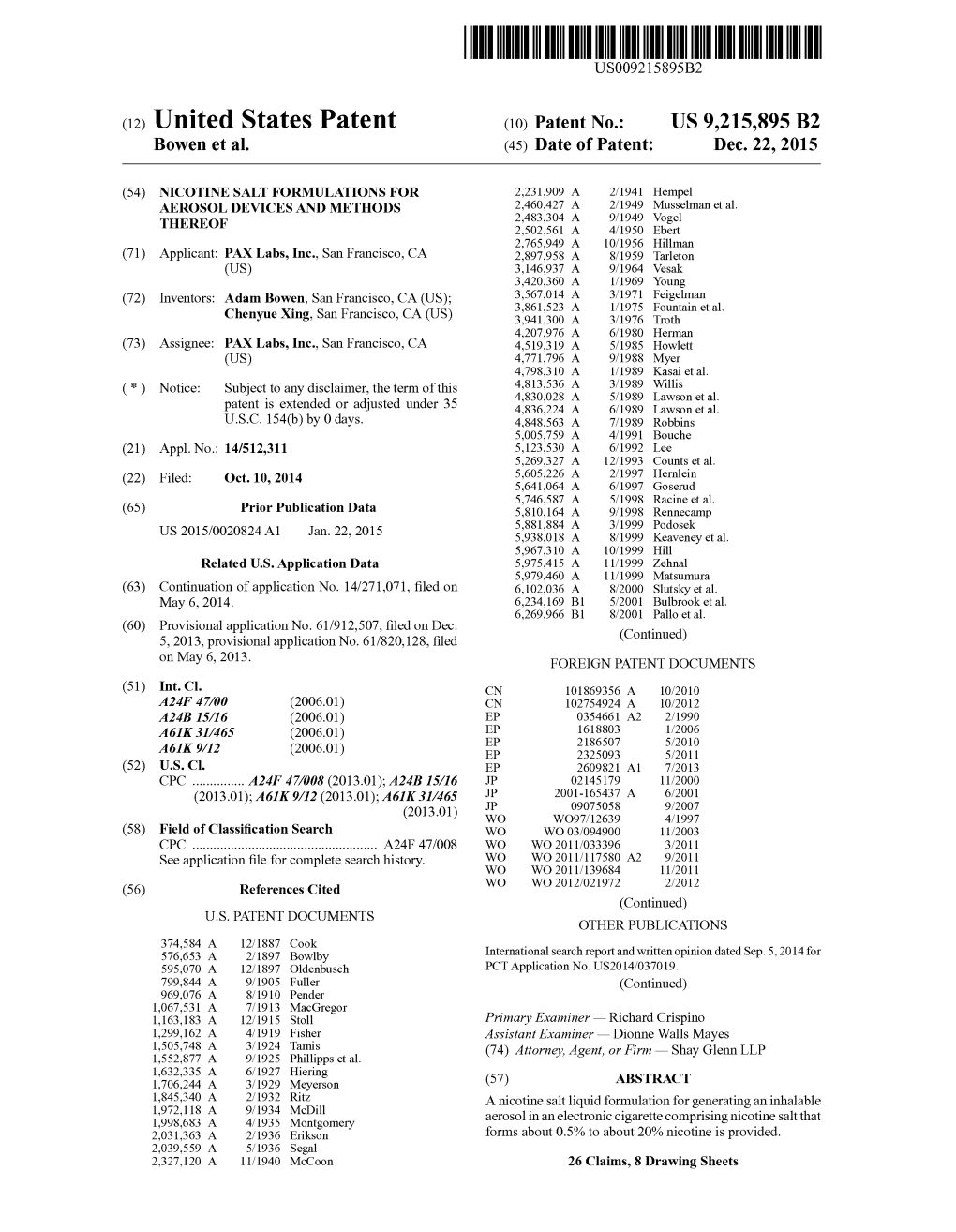 United States Patent No. US 9215895
