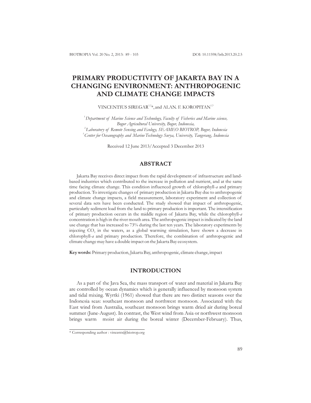 Primary Productivity of Jakarta Bay in a Changing Environment: Anthropogenic and Climate Change Impacts