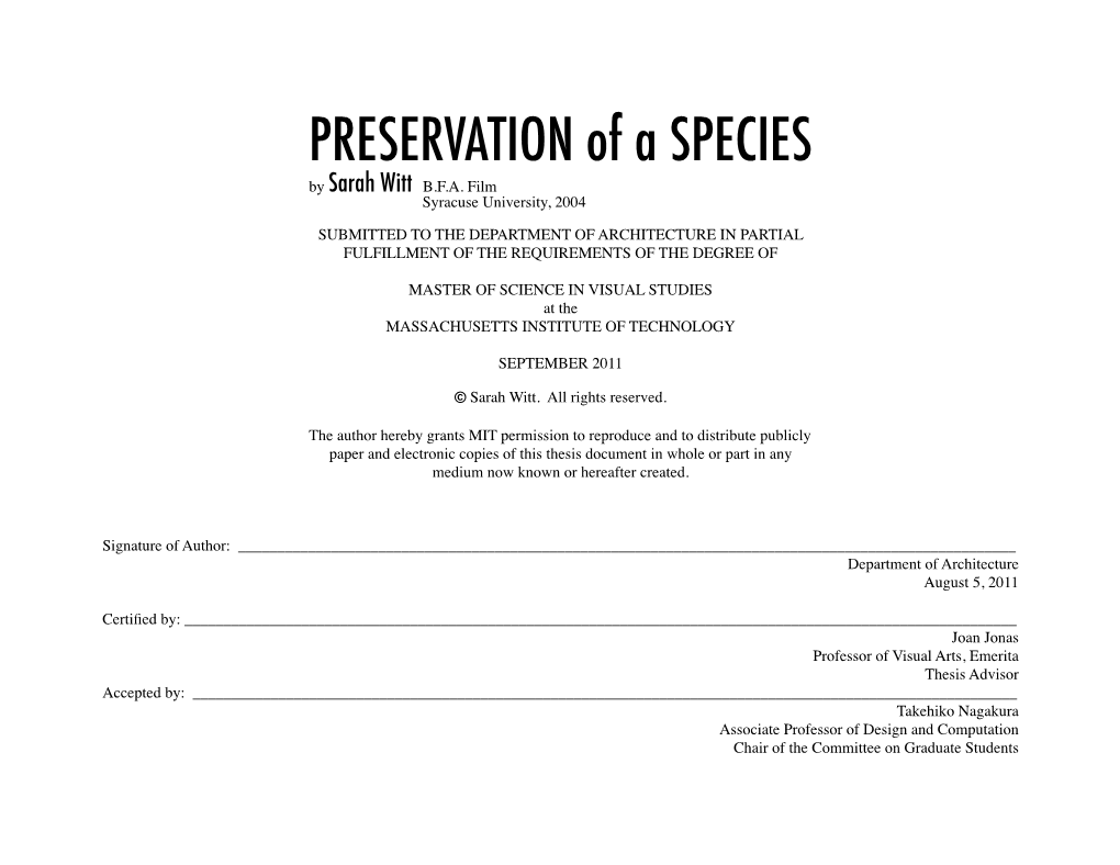 PRESERVATION of a SPECIES by Sarah Witt B.F.A