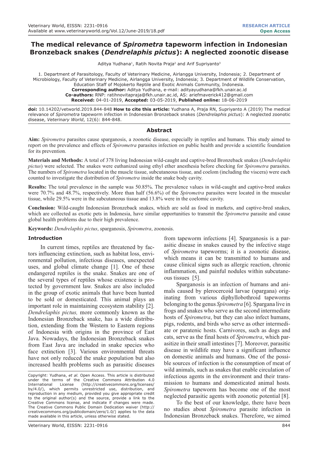 The Medical Relevance of Spirometra Tapeworm Infection in Indonesian Bronzeback Snakes (Dendrelaphis Pictus): a Neglected Zoonotic Disease