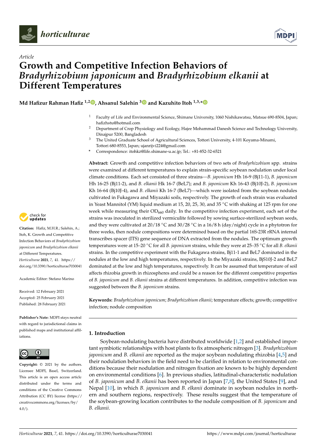 Growth and Competitive Infection Behaviors of Bradyrhizobium Japonicum and Bradyrhizobium Elkanii at Different Temperatures