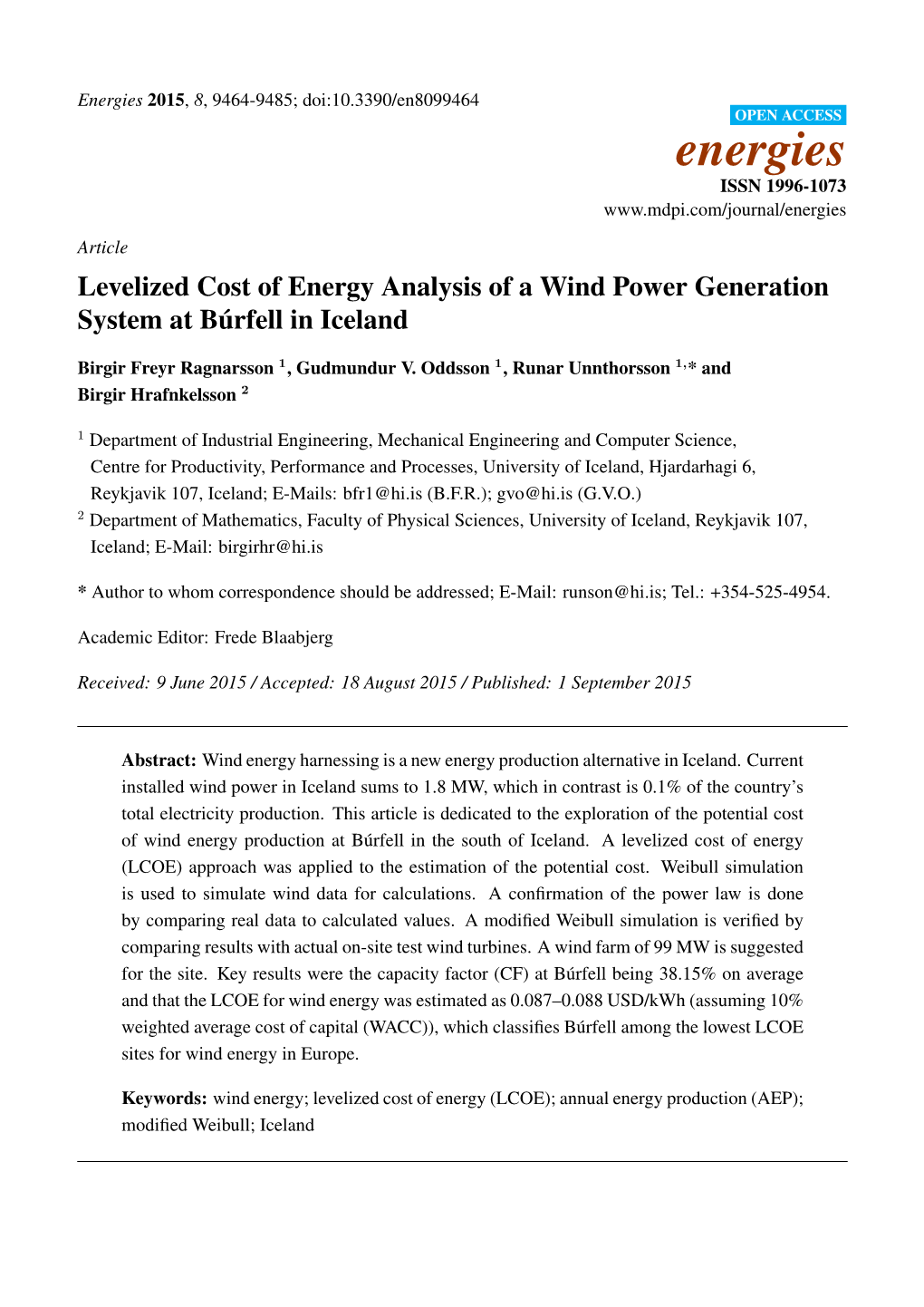 Levelized Cost of Energy Analysis of a Wind Power Generation System at Búrfell in Iceland