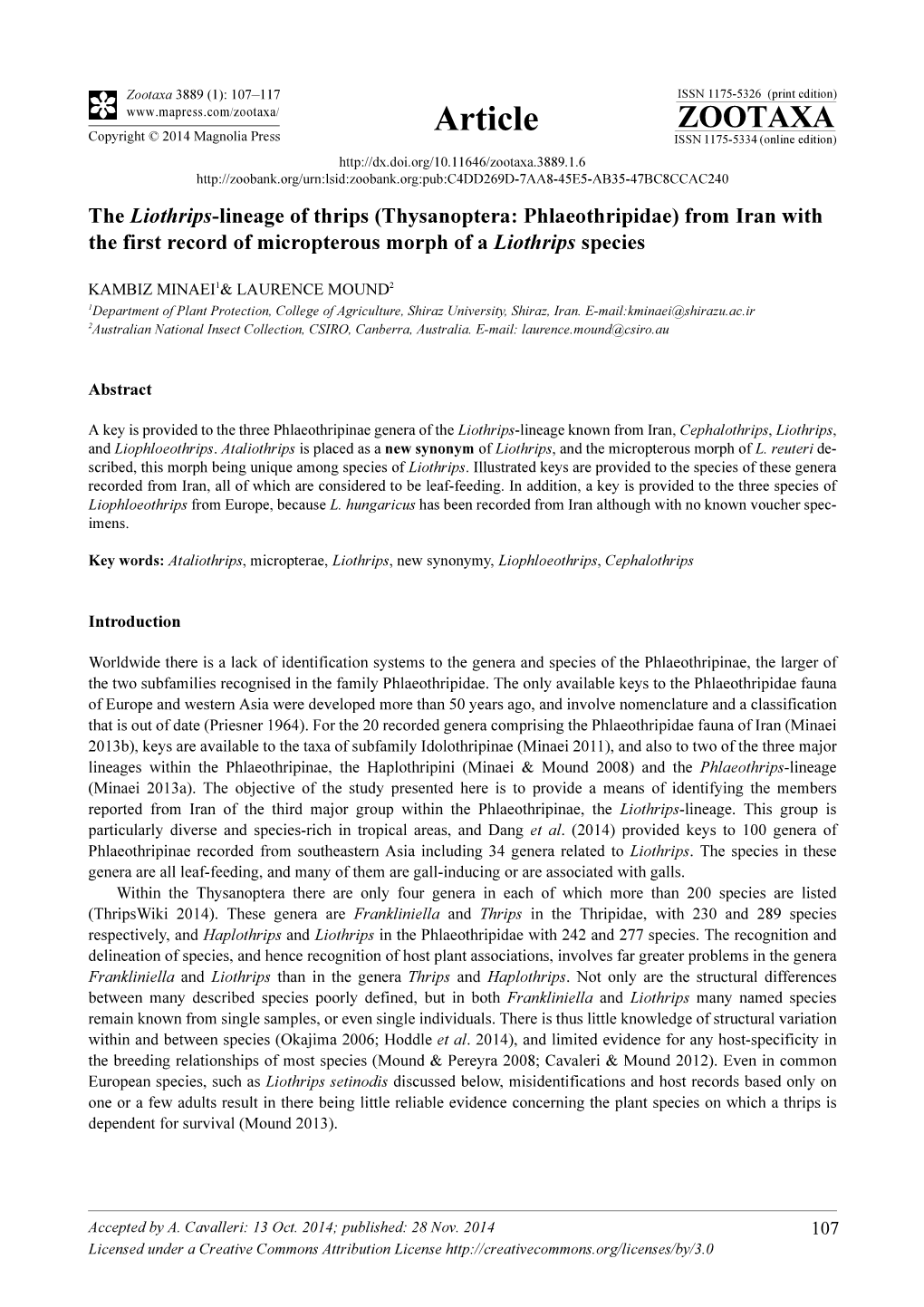 Thysanoptera: Phlaeothripidae) from Iran with the First Record of Micropterous Morph of a Liothrips Species