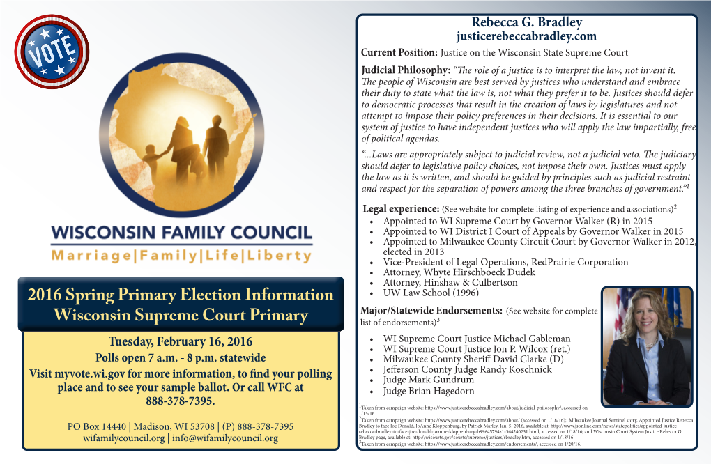 2016 Spring Primary Election Information Wisconsin Supreme