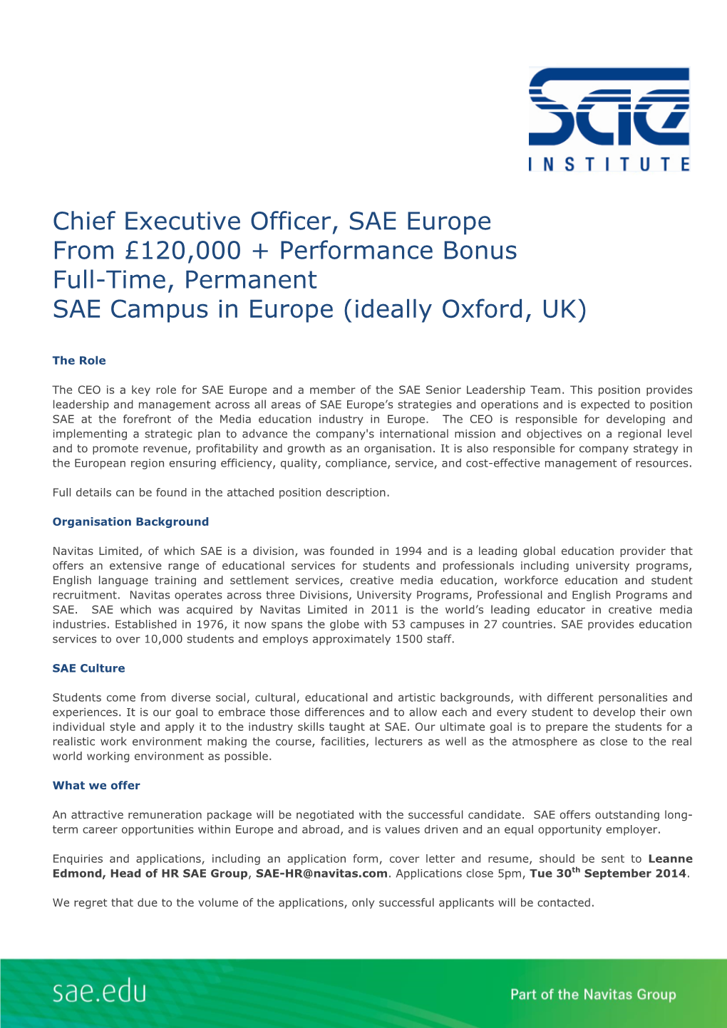 Chief Executive Officer, SAE Europe from £120000 +