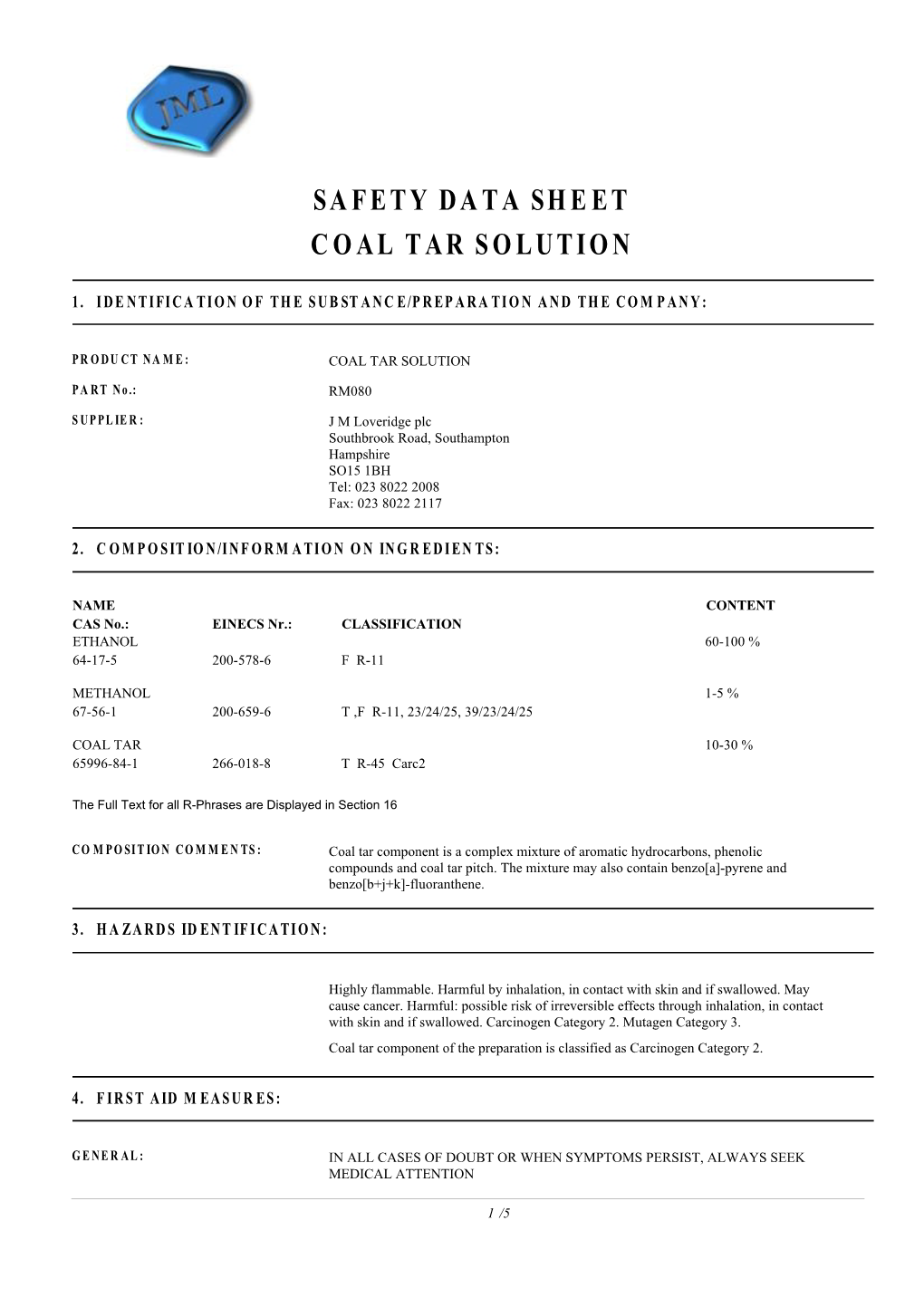 Safety Data Sheet Coal Tar Solution