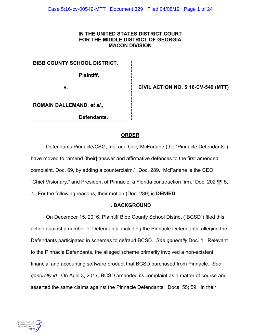 Case 5:16-Cv-00549-MTT Document 329 Filed 04/08/19 Page 1 of 24