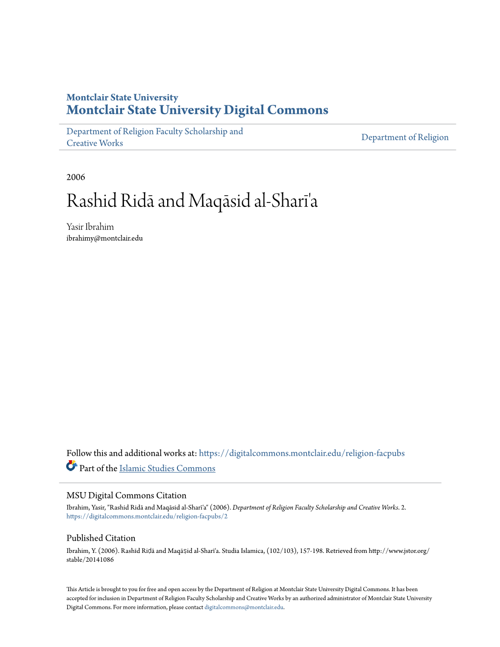 Rashid Ridā and Maqāsid Al-Sharī'a Yasir Ibrahim Ibrahimy@Montclair.Edu