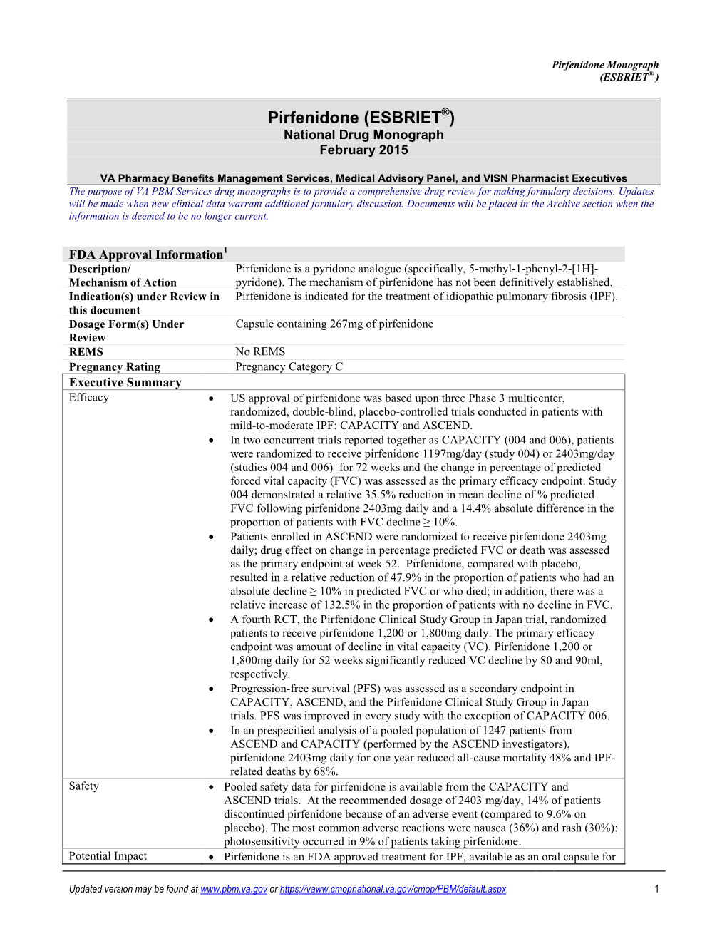 Pirfenidone (ESBRIET®) National Drug Monograph February 2015