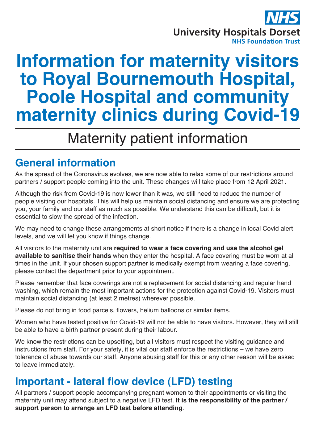 Information for Maternity Visitors to Royal Bournemouth Hospital, Poole Hospital and Community Maternity Clinics During Covid-19 Maternity Patient Information