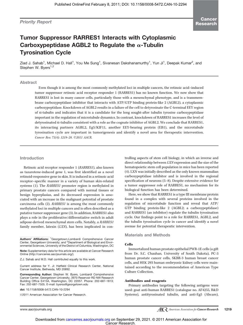 Tumor Suppressor RARRES1 Interacts with Cytoplasmic Carboxypeptidase AGBL2 to Regulate the A-Tubulin Tyrosination Cycle