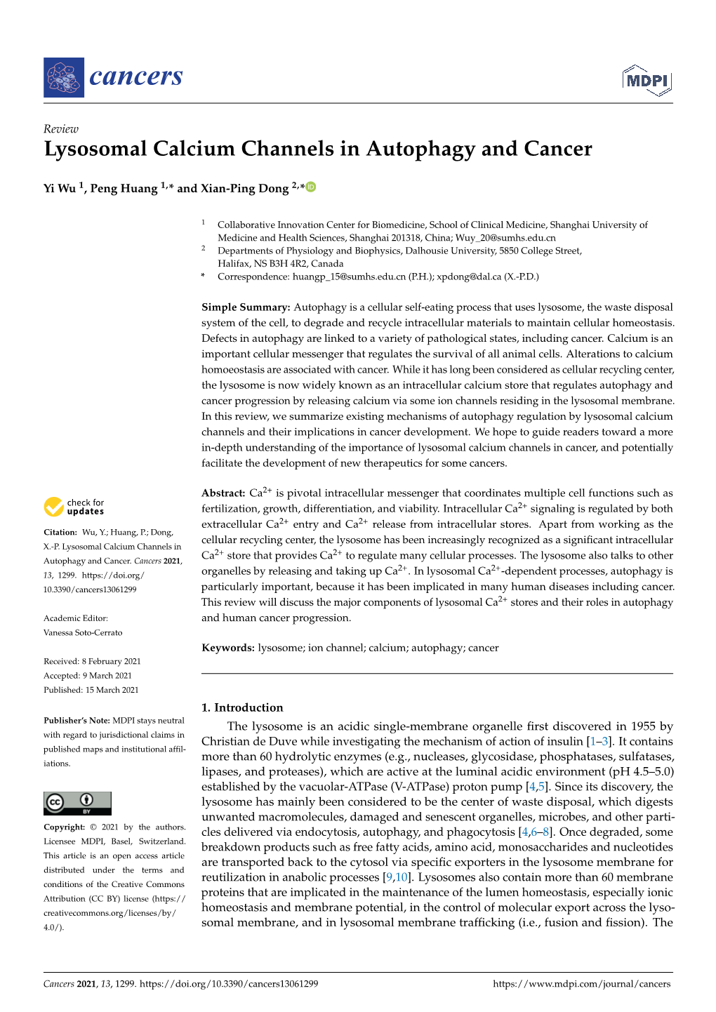 Lysosomal Calcium Channels in Autophagy and Cancer