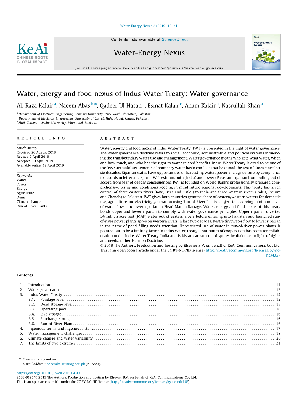 Water, Energy and Food Nexus of Indus Water Treaty: Water Governance