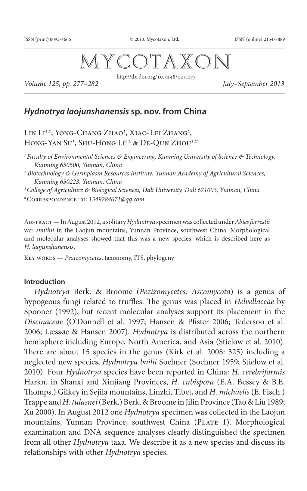 <I>Hydnotrya Laojunshanensis</I> Sp. Nov. from China