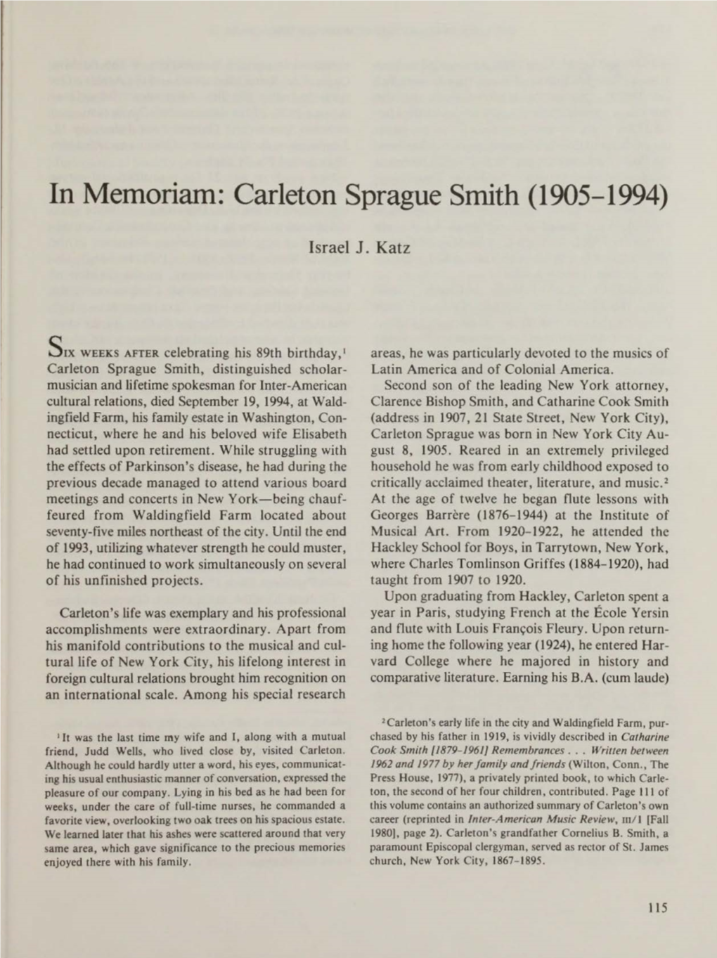 In Memoriam: Carleton Sprague Smith (1905-1994)