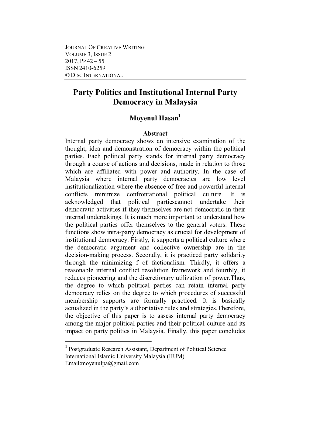 Party Politics and Institutional Internal Party Democracy in Malaysia