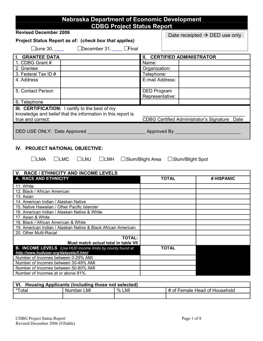 Nebraska Department of Economic Development CDBG Project Status Report