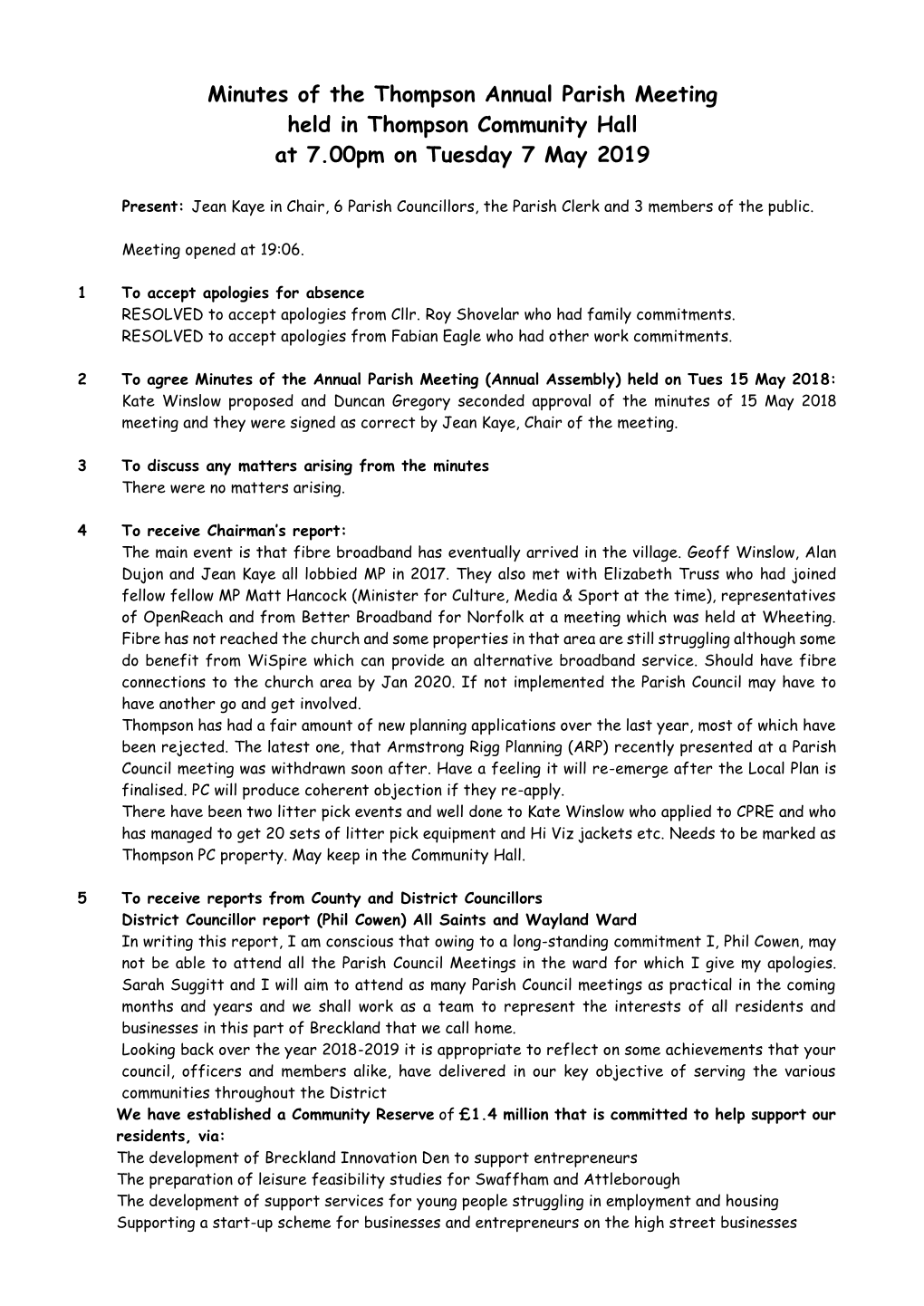 Minutes of the Thompson Annual Parish Meeting Held in Thompson Community Hall at 7.00Pm on Tuesday 7 May 2019