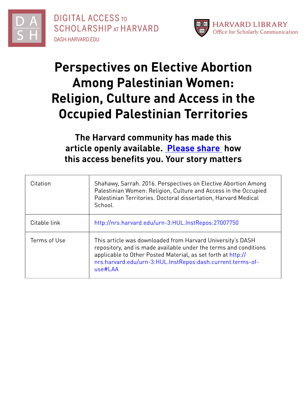 Perspectives on Elective Abortion Among Palestinian Women: Religion, Culture and Access in the Occupied Palestinian Territories