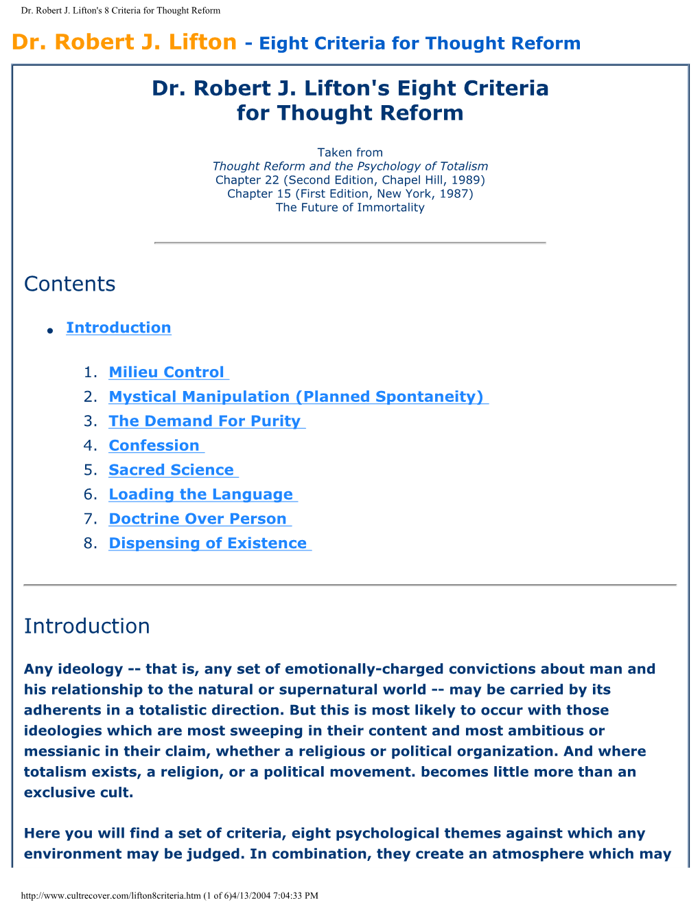 Dr. Robert J. Lifton's 8 Criteria for Thought Reform