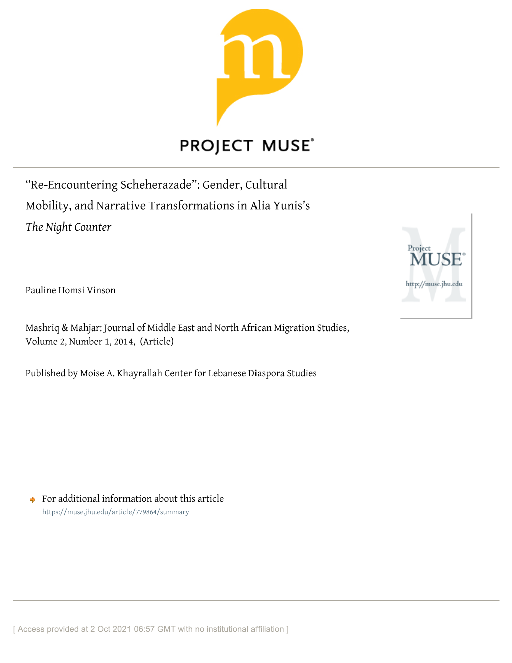 “Re-Encountering Scheherazade”: Gender, Cultural Mobility, and Narrative Transformations in Alia Yunis's the Night Counter