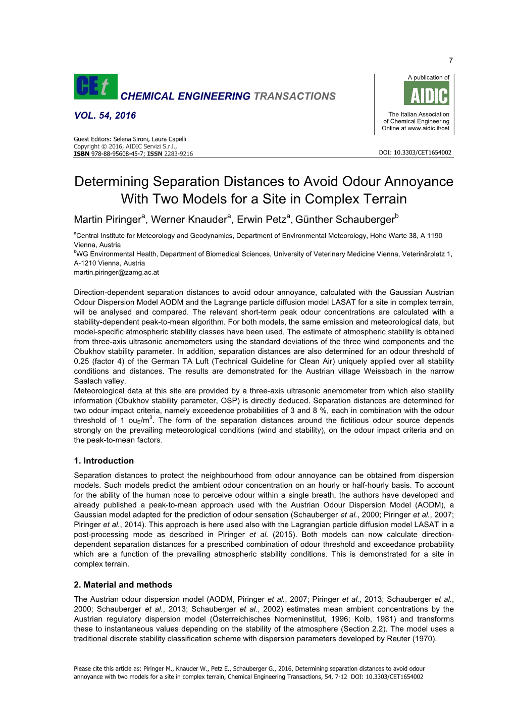 Determining Separation Distances to Avoid Odour Annoyance with Two Models for a Site in Complex Terrain