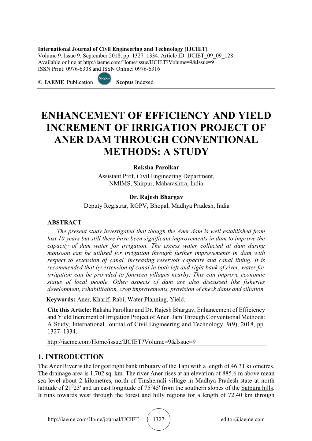 Enhancement of Efficiency and Yield Increment of Irrigation Project of Aner Dam Through Conventional Methods: a Study