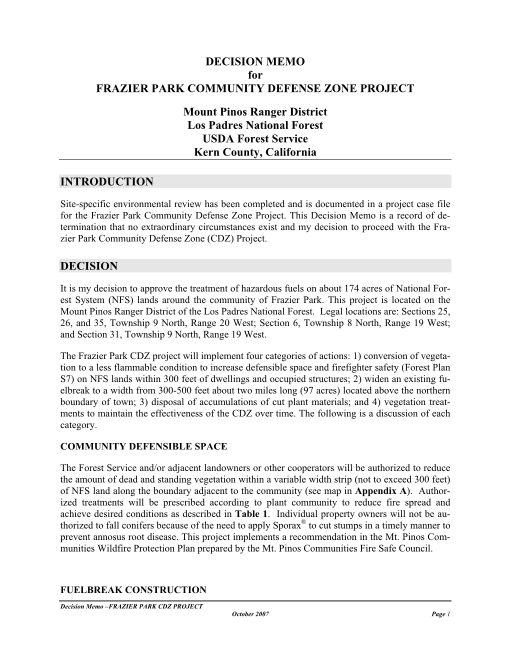 DECISION MEMO for FRAZIER PARK COMMUNITY DEFENSE ZONE PROJECT