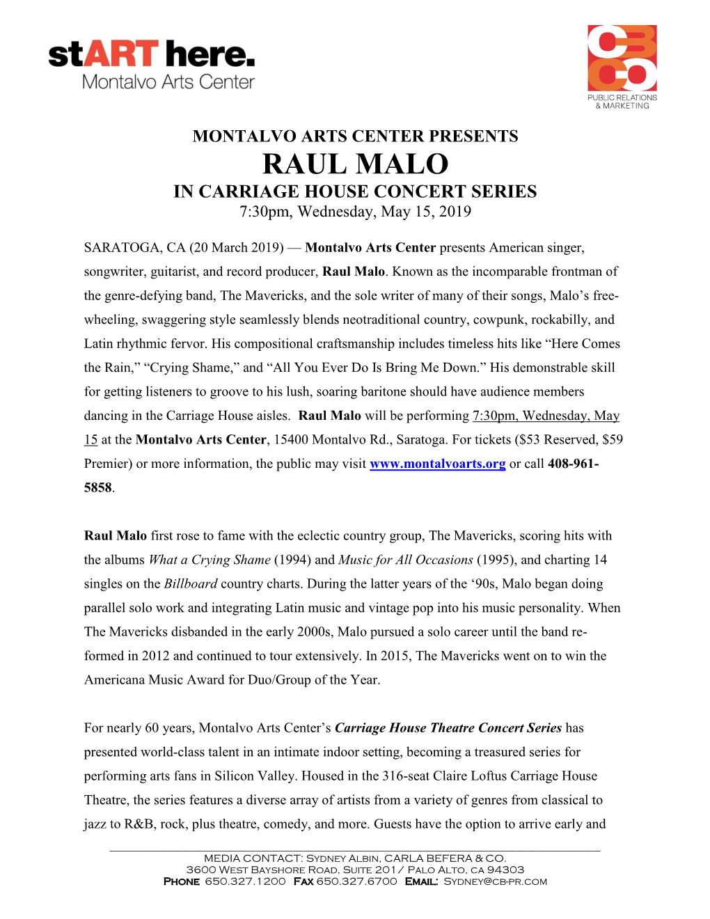 RAUL MALO in CARRIAGE HOUSE CONCERT SERIES 7:30Pm, Wednesday, May 15, 2019