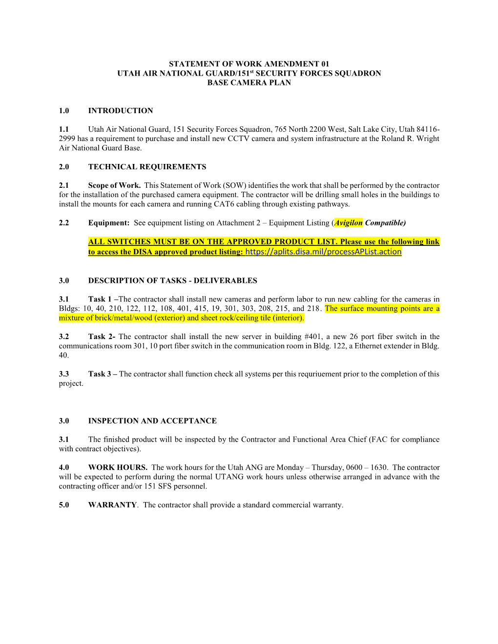 STATEMENT of WORK AMENDMENT 01 UTAH AIR NATIONAL GUARD/151St SECURITY FORCES SQUADRON BASE CAMERA PLAN