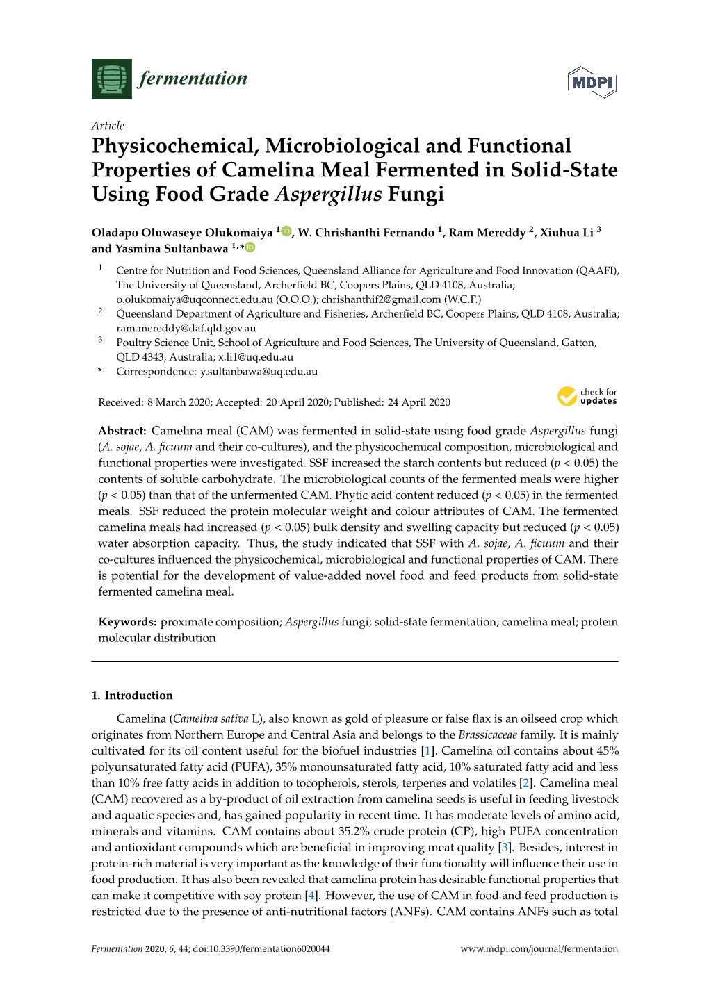 Physicochemical, Microbiological and Functional Properties of Camelina Meal Fermented in Solid-State Using Food Grade Aspergillus Fungi