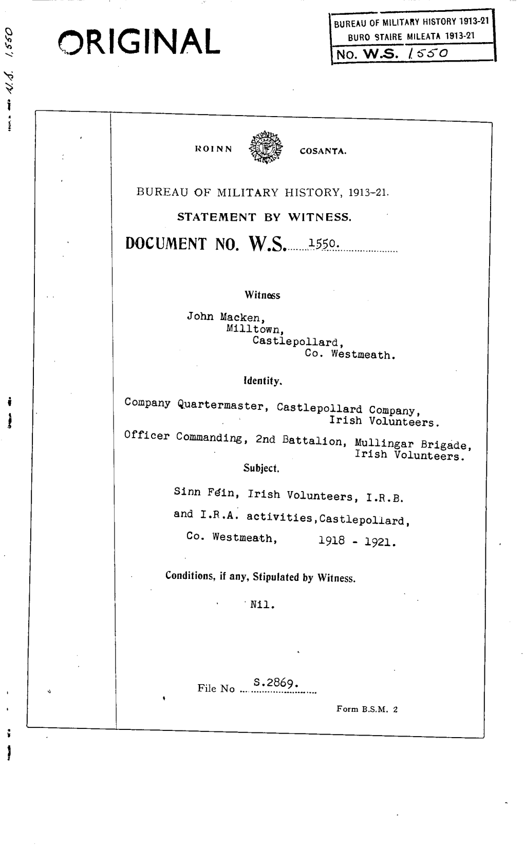 ROINN COSANTA. BUREAU of MILITARY HISTORY, 1913-21. STATEMENT by WITNESS. DOCUMENT NO. WS 1550 Witness John Macken, Willtown