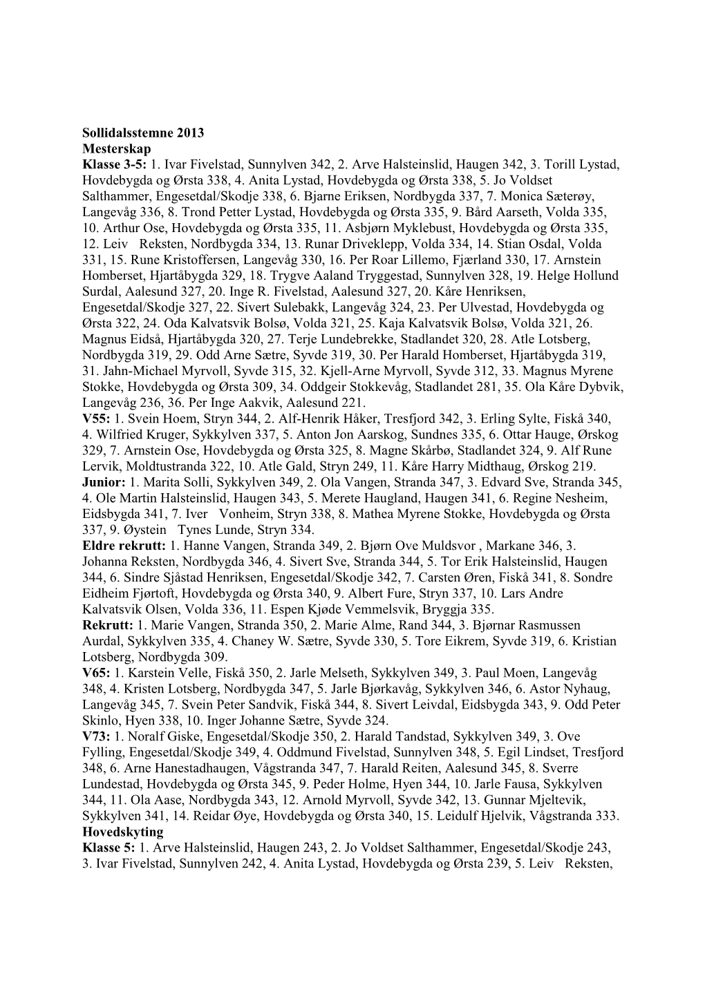 Sollidalsstemne 2013 Mesterskap Klasse 3-5: 1. Ivar Fivelstad, Sunnylven 342, 2. Arve Halsteinslid, Haugen 342, 3. Torill Lystad, Hovdebygda Og Ørsta 338, 4