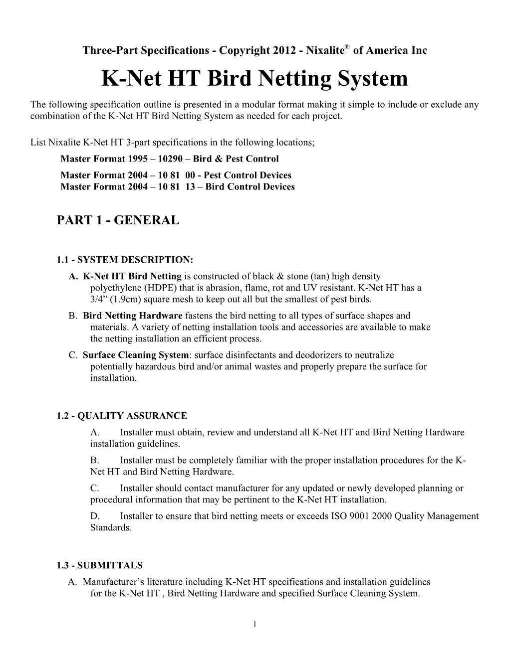 Nixalite Specifications (All Models)