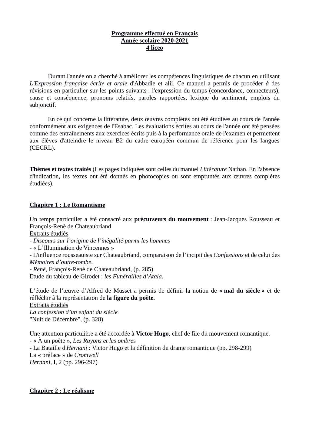 Programme Effectué En Français Année Scolaire 2020-2021 4 Liceo