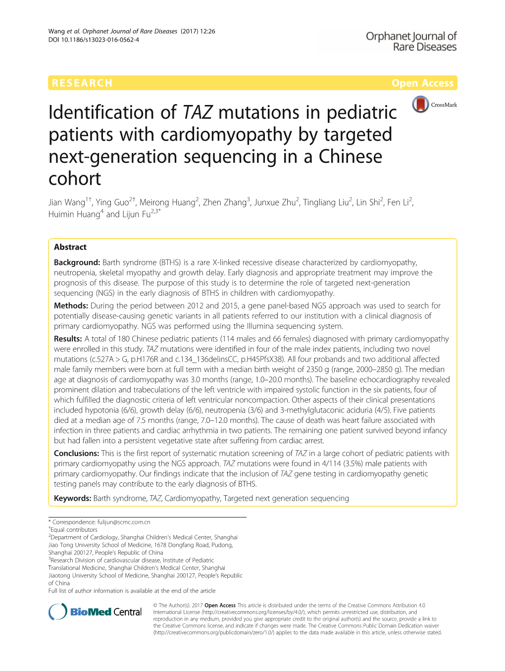 Identification of TAZ Mutations in Pediatric Patients With