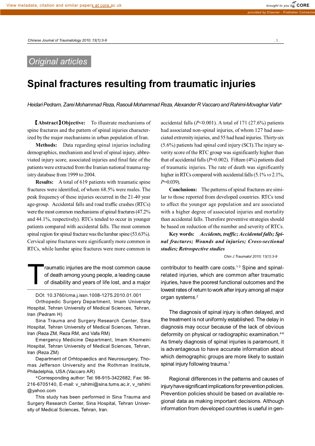 Spinal Fractures Resulting from Traumatic Injuries