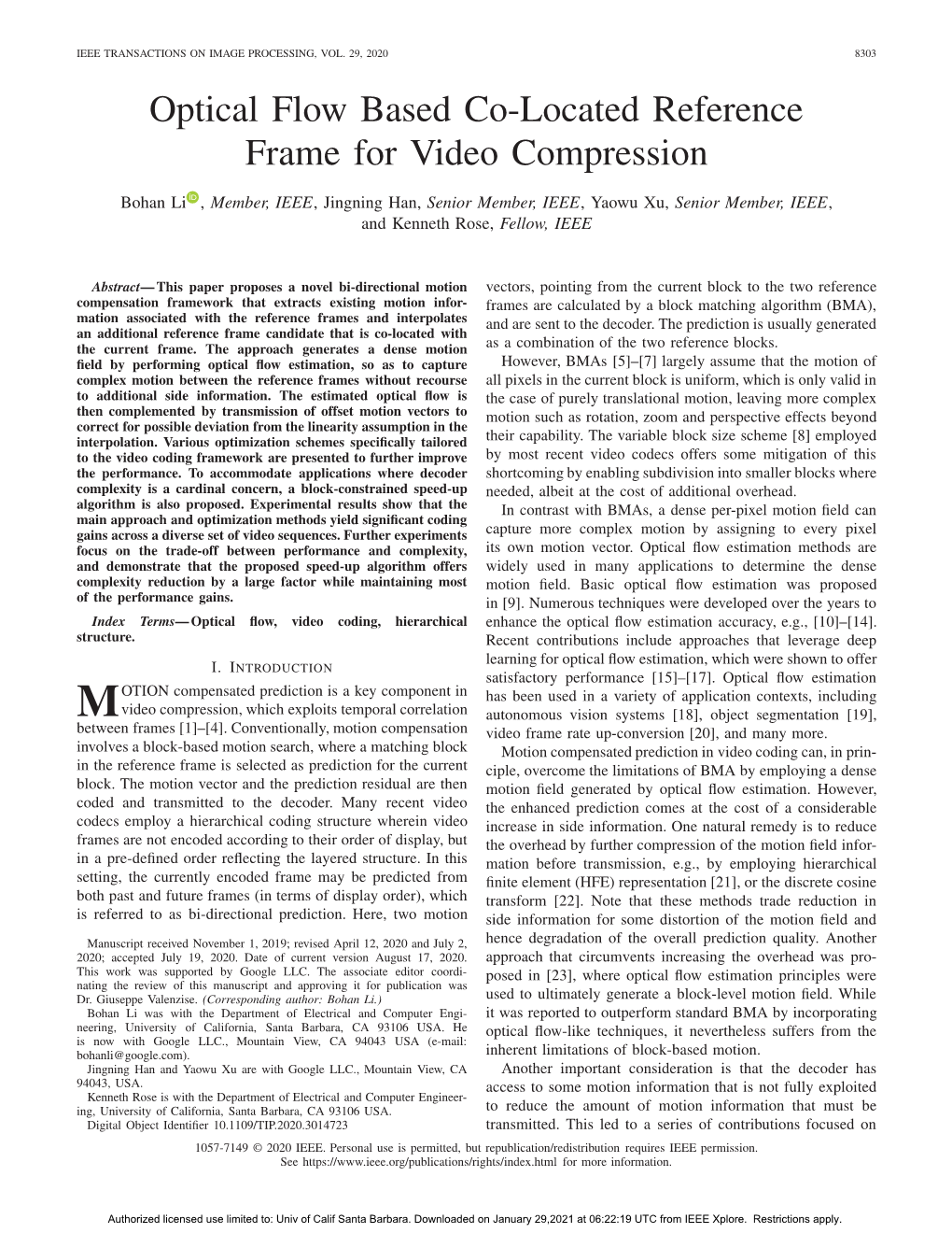 Optical Flow Based Co-Located Reference Frame for Video Compression