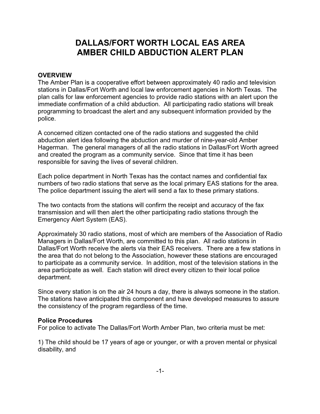 Dallas/Fort Worth Local Eas Area Amber Child Abduction Alert Plan