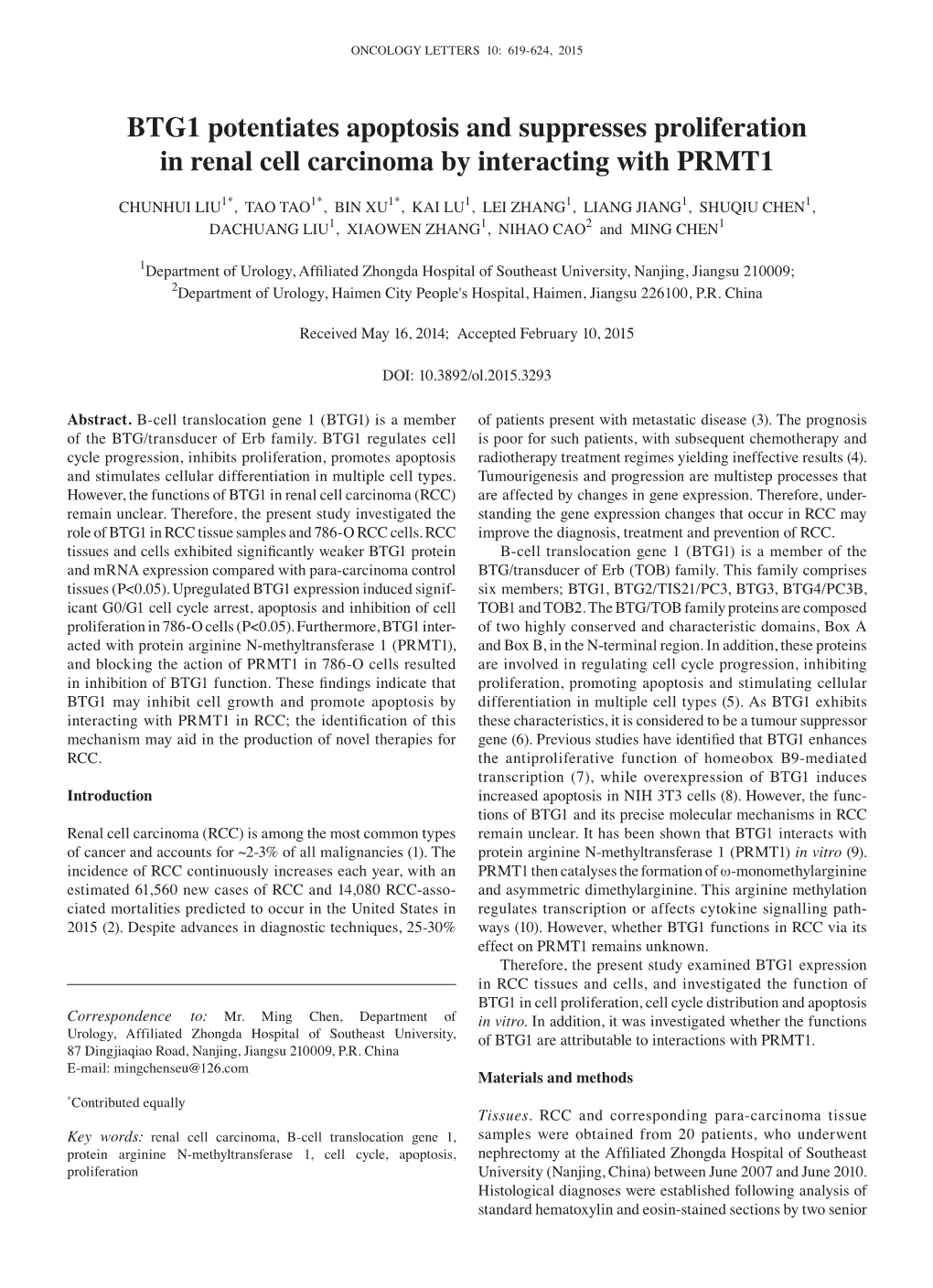 BTG1 Potentiates Apoptosis and Suppresses Proliferation in Renal Cell Carcinoma by Interacting with PRMT1