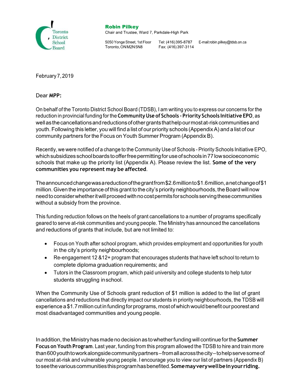 Chair Letter to Toronto MPP